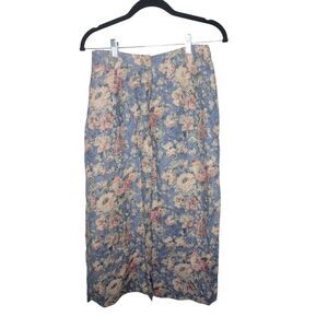 Orvis Vintage Linen Midi Button Down Floral Pastel Blue and Pink Skirt sz 6